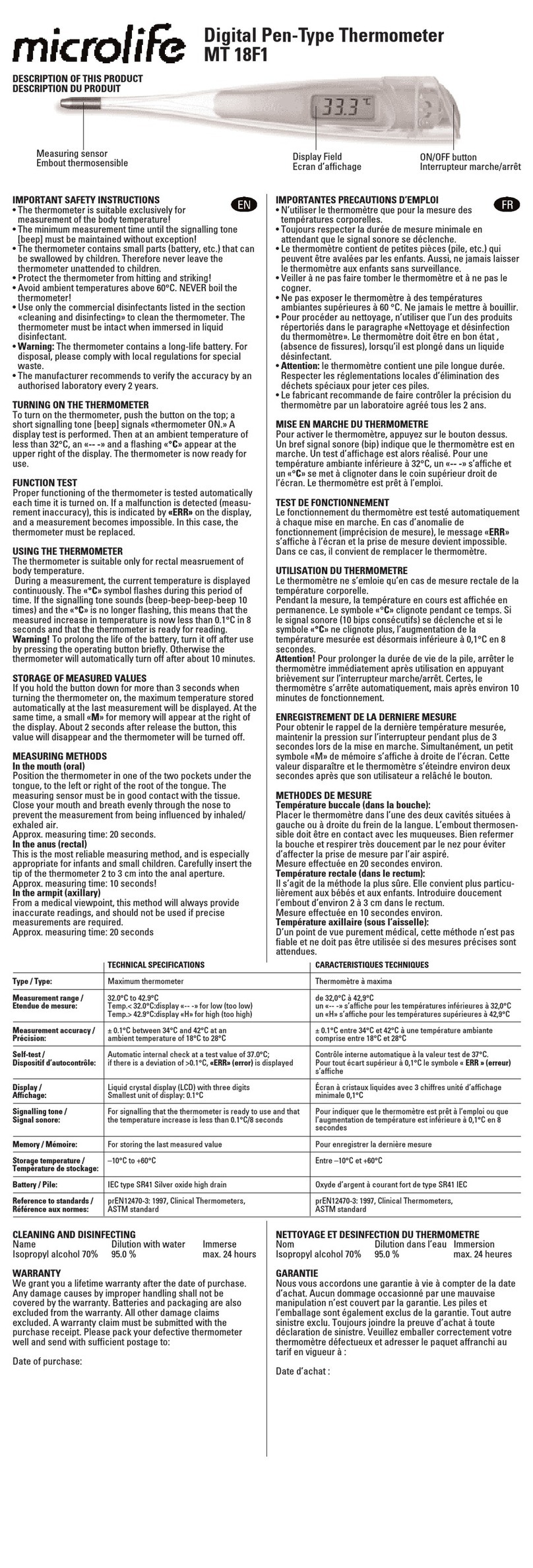 Microlife MT 18F1 User manual
