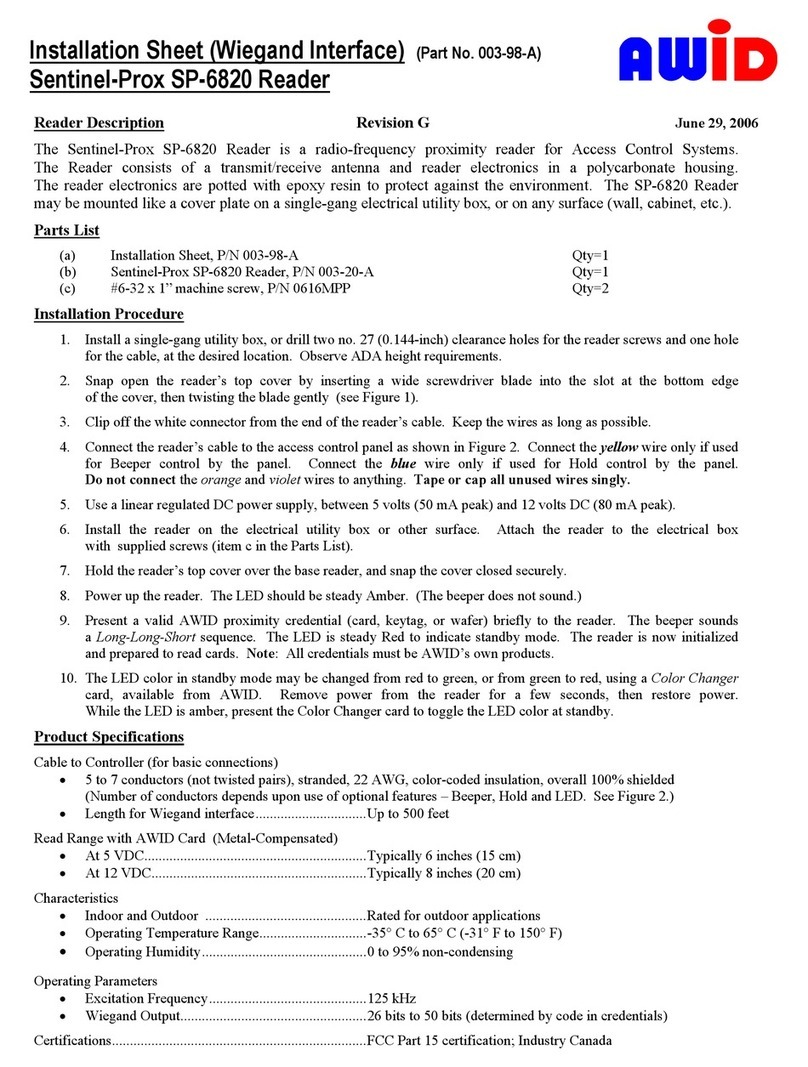 AWID Sentinel-Prox SP-6820 Reader Installation sheet
