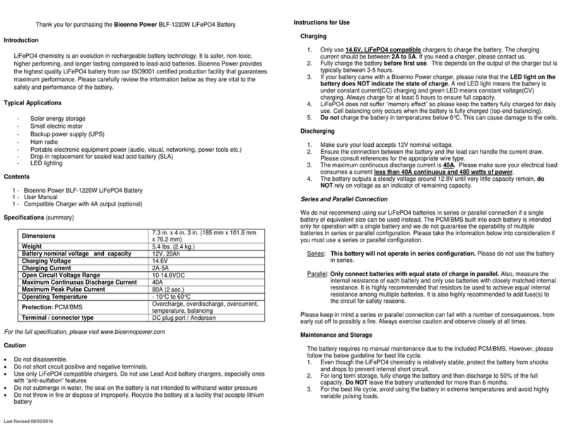 Bioenno Power BLF-1220W User manual