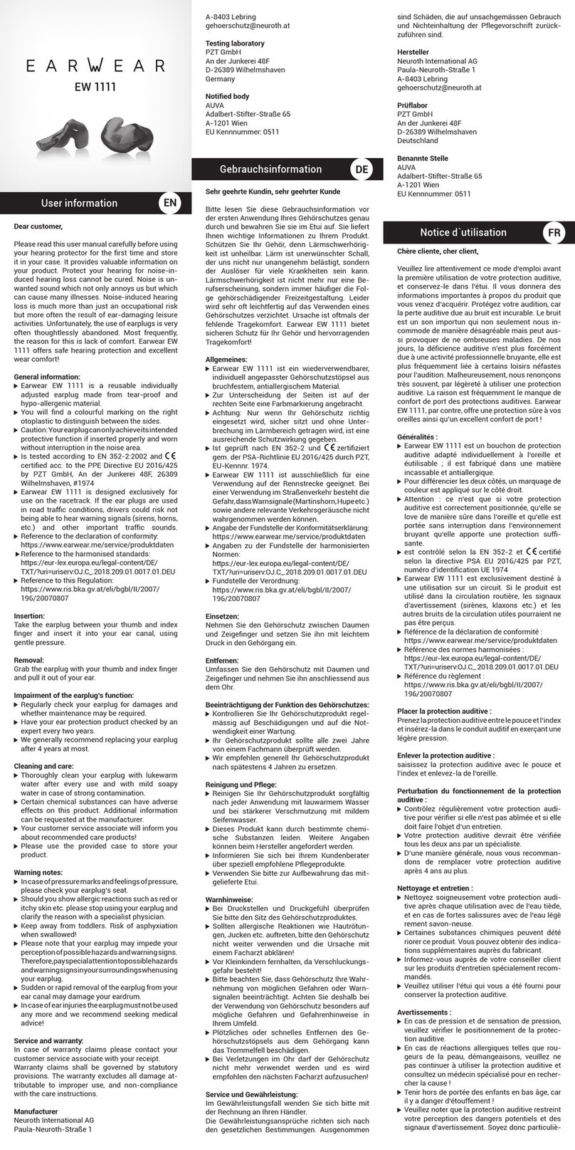 Earwear EW 1111 user manual