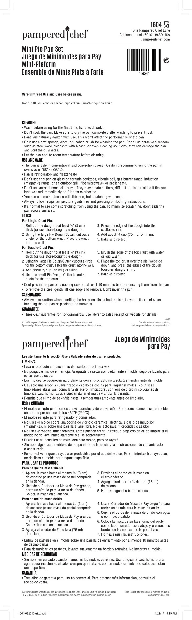 pampered chef 1604 Use and care