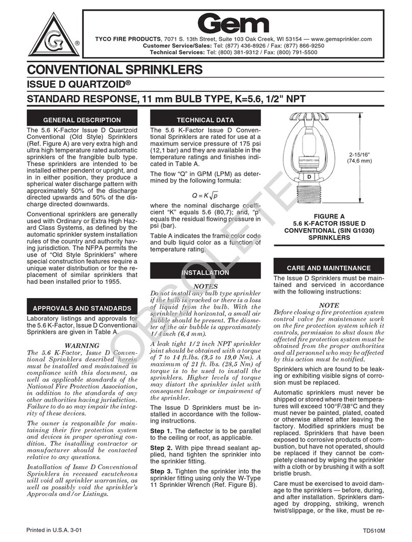 Tyco Fire Product Gem ISSUE D QUARTZOID instruction manual