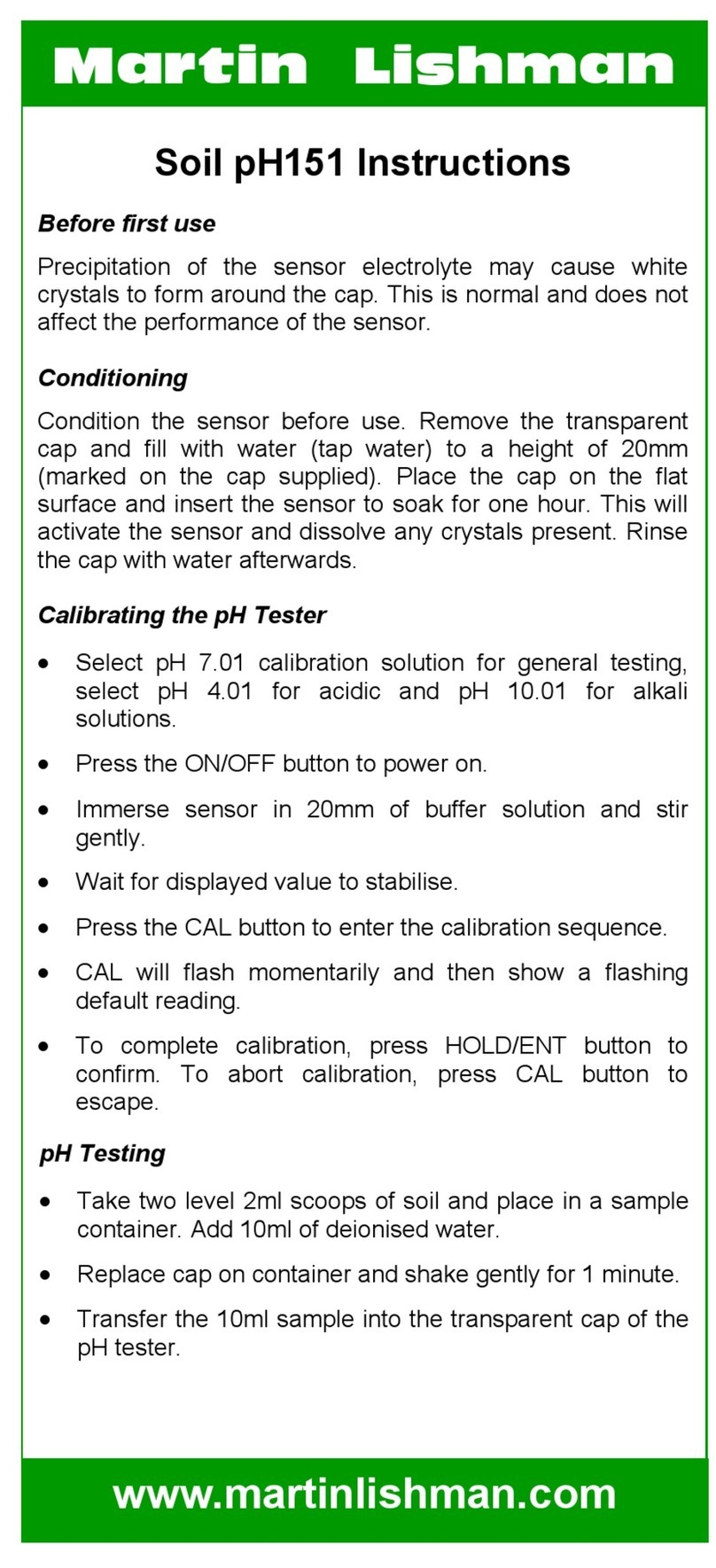 Martin Lishman Soil pH151 User manual