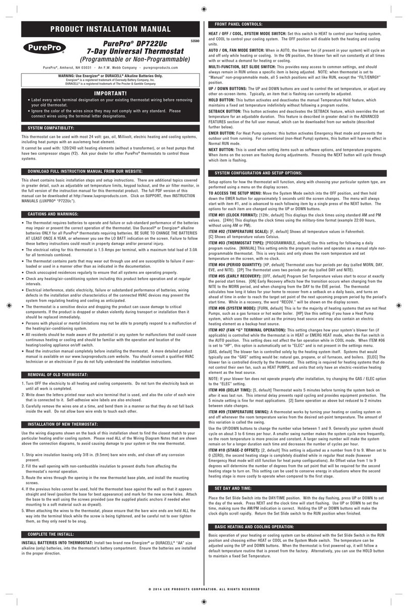 Lux Products PurePro DP722Uc Product installation manual