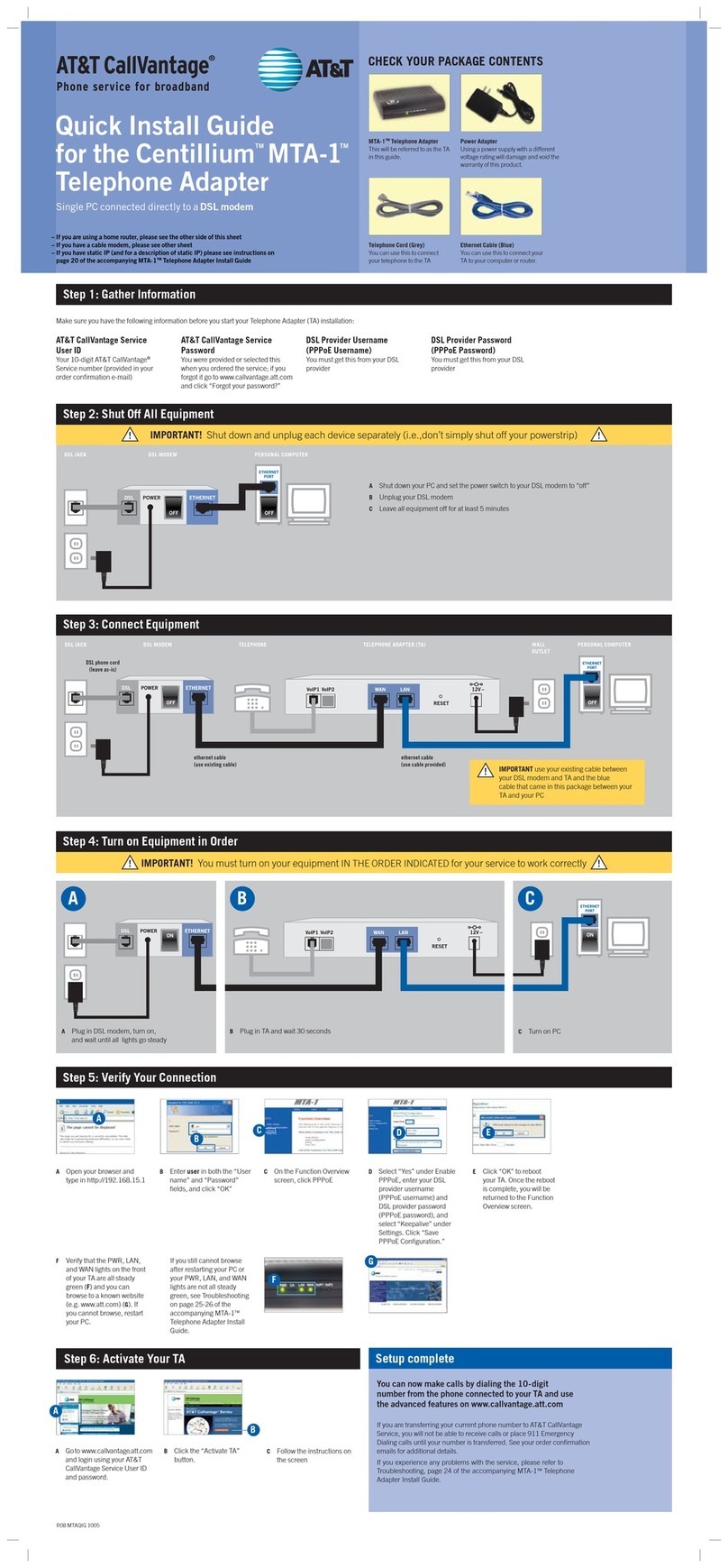 AT&T Centillium MTA-1 Quick install guide