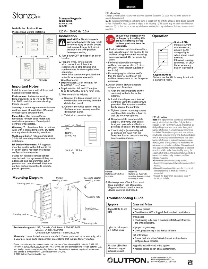 Lutron Electronics Stanza SZ-2B User manual