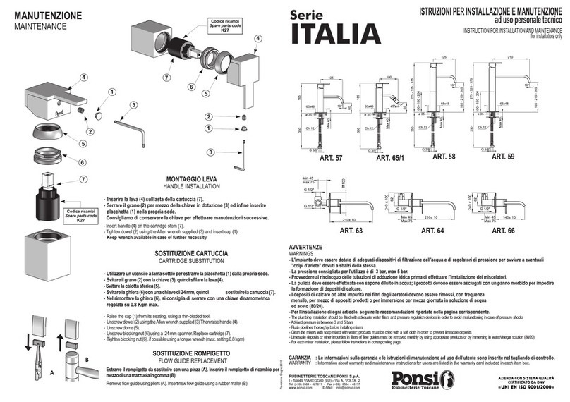 Ponsi Rubinetterie Toscane ITALIA Series Instruction for installation and maintenance Ponsi Rubinetterie Toscane ITALIA Series Instruction for installation and maintenance