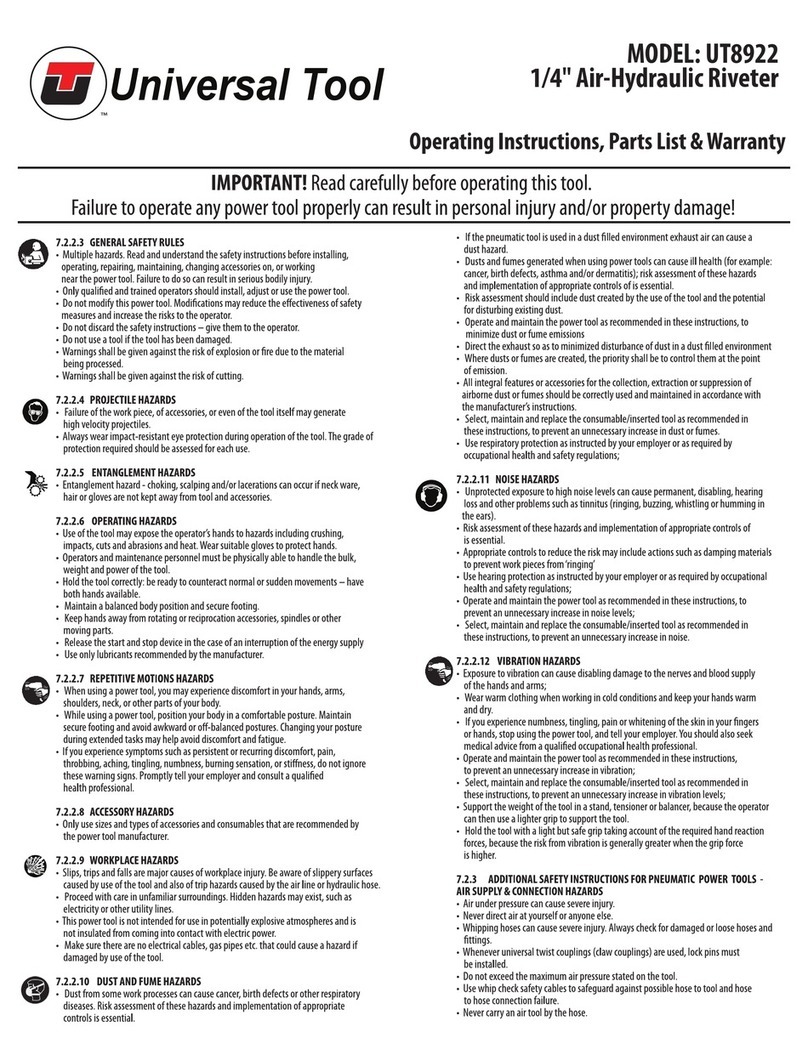 Universal Tool UT8922 Operatoring Instructions, Parts List & Warranty Universal Tool UT8922 Operatoring Instructions, Parts List & Warranty