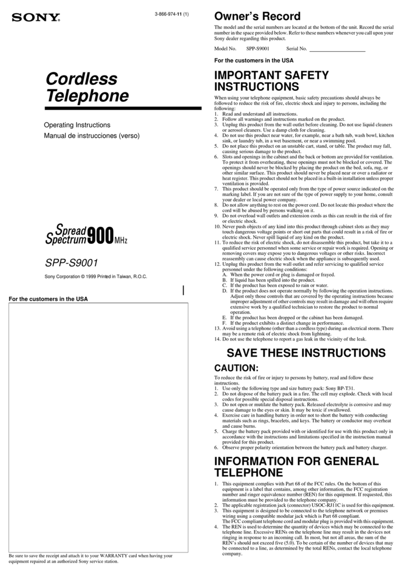 Sony SPP-S9001 - Cordless Telephone User manual Sony SPP-S9001 - Cordless Telephone User manual