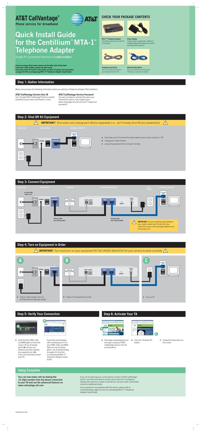 AT&T Centillium MTA-1 Quick install guide