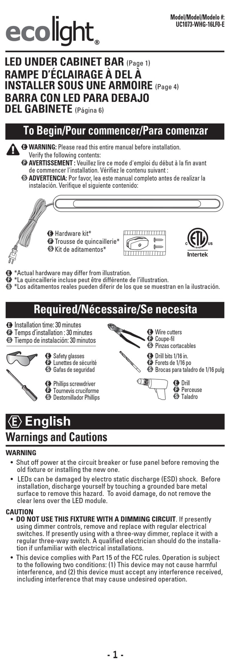 ecolight UC1073-WHG-16LF0-E quick start guide