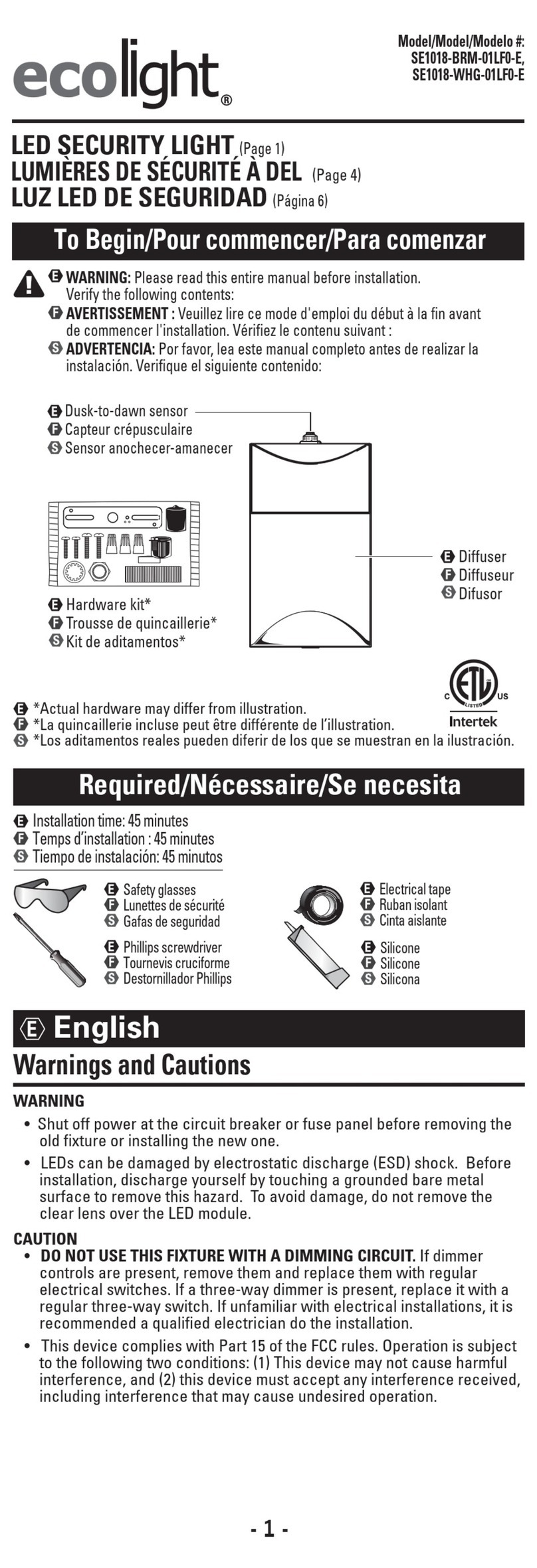 ecolight SE1018-BRM-01LF0-E quick start guide