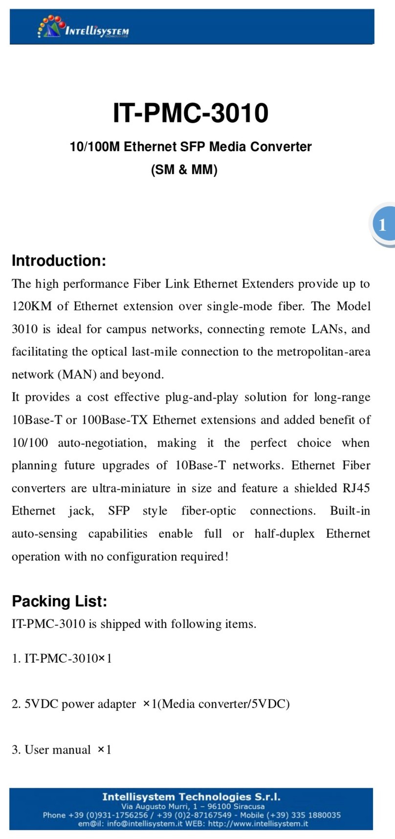 Intellisystem IT-PMC-3010 User manual