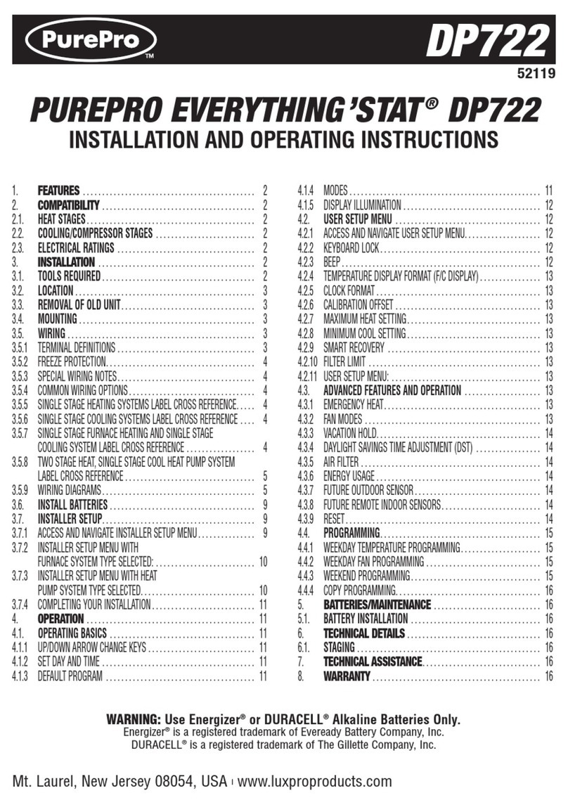 Lux Products PurePro Everything'Stat DP722 Installation and operating instructions