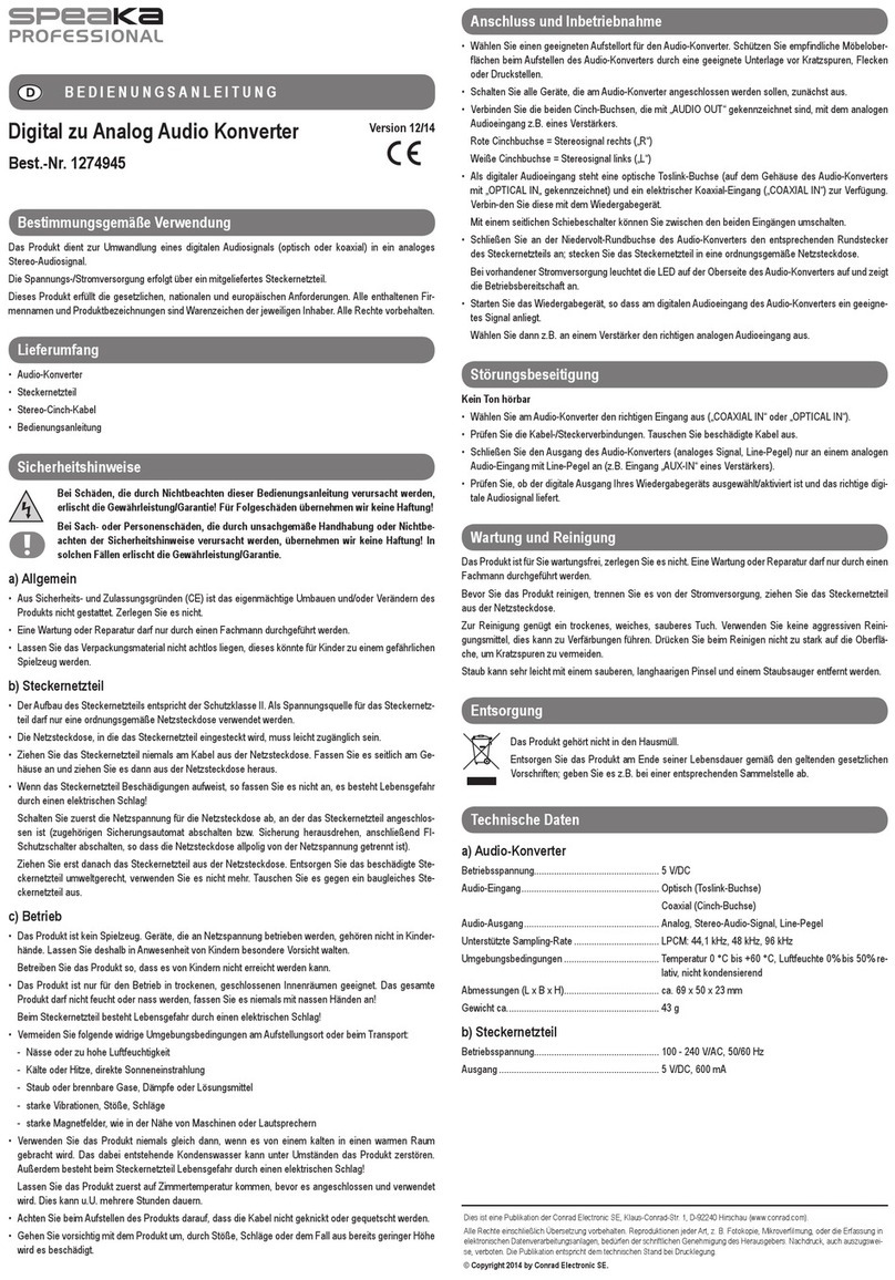 Speaka Professional 1274945 User manual