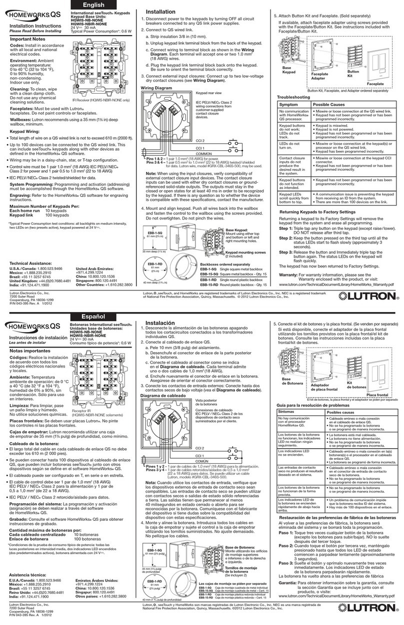Lutron Electronics Homeworks QS seeTouch HQWIS-NB-NONE User manual
