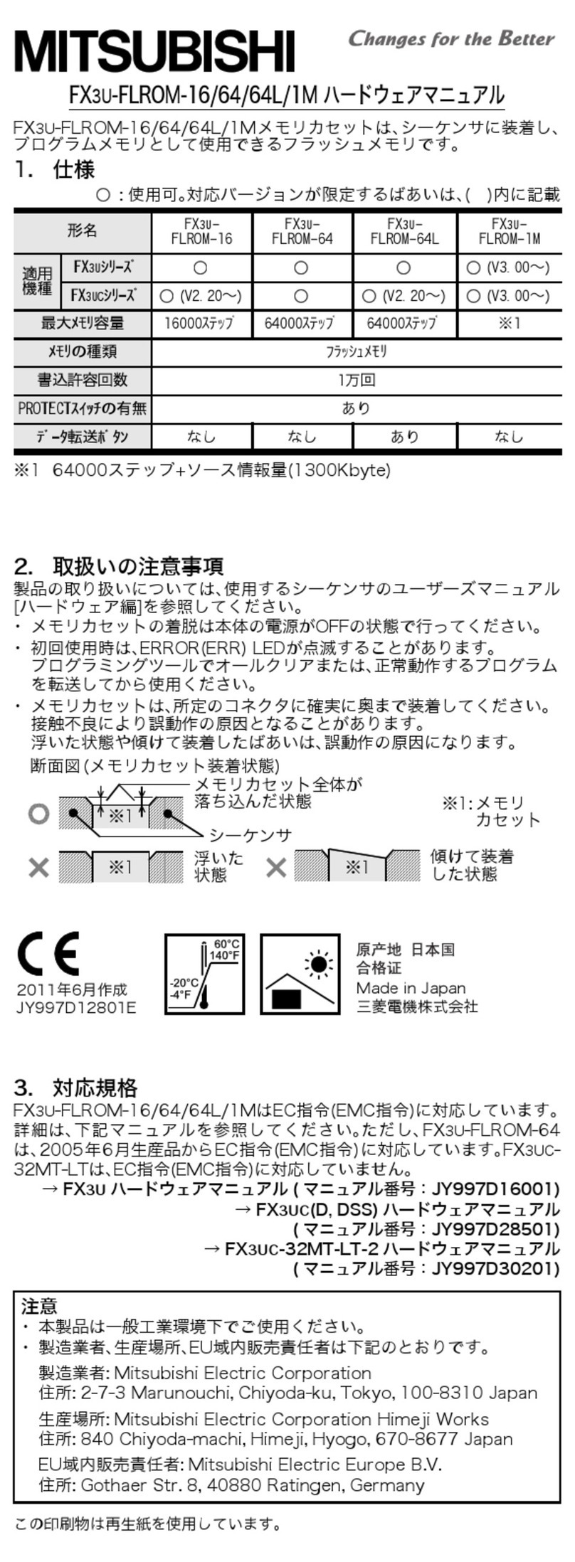 Mitsubishi FX3U-FLROM-16 Hardware manual