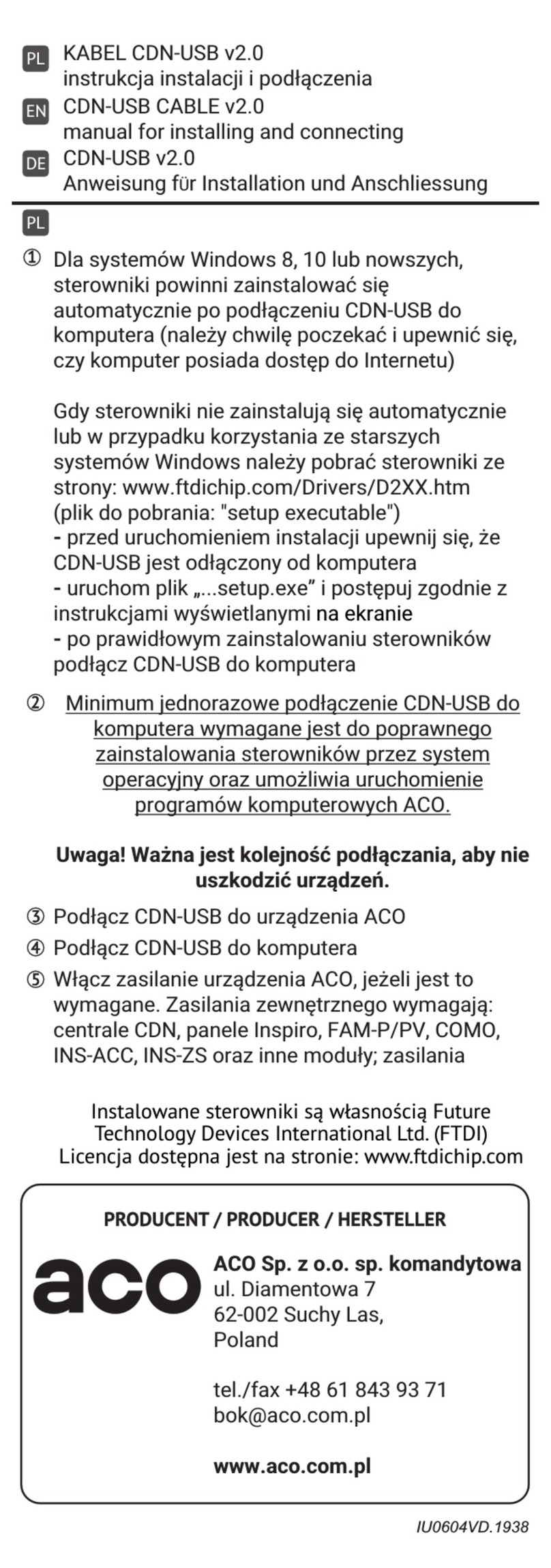 ACO CDN-USB CABLE v2.0 Manual for Installing and Connecting