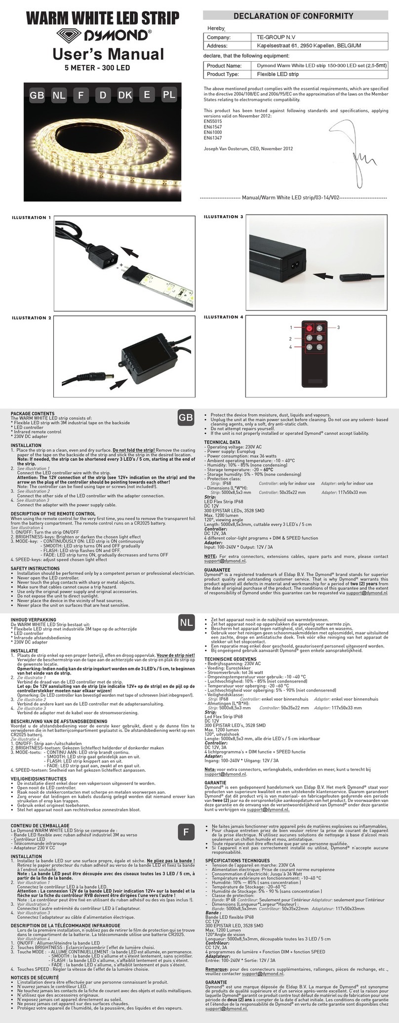 TE-Group Dymond Warm White LED strip User manual