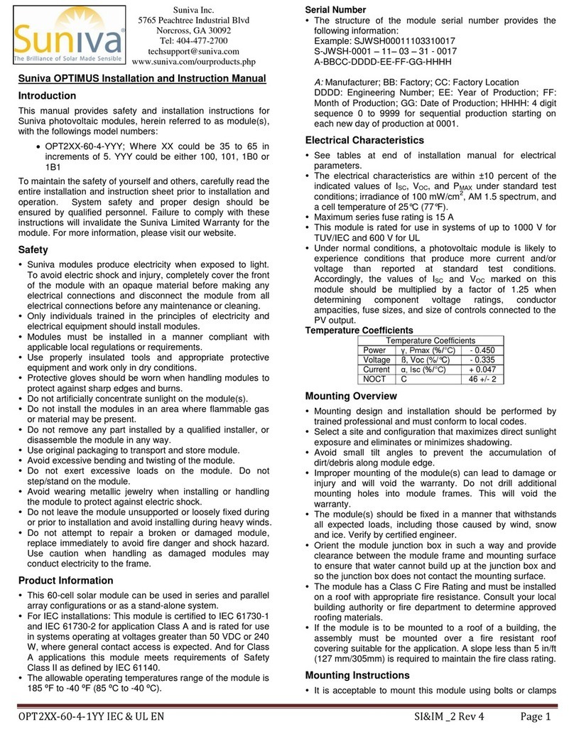 Suniva OPTIMUS OPT240-60-4-1 Series Installation and instruction manual Suniva OPTIMUS OPT240-60-4-1 Series Installation and instruction manual
