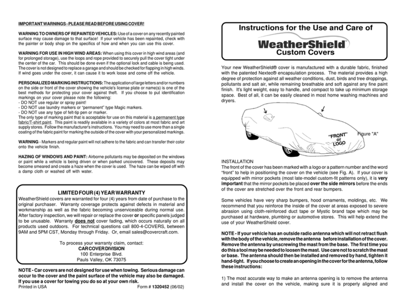 Car Cover Division WeatherShield Instructions for the use and care