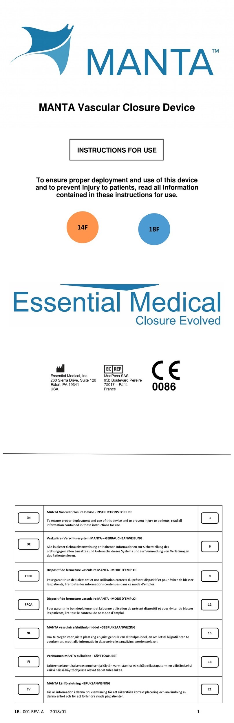 Essential Medical Supply MANTA Instructions for use