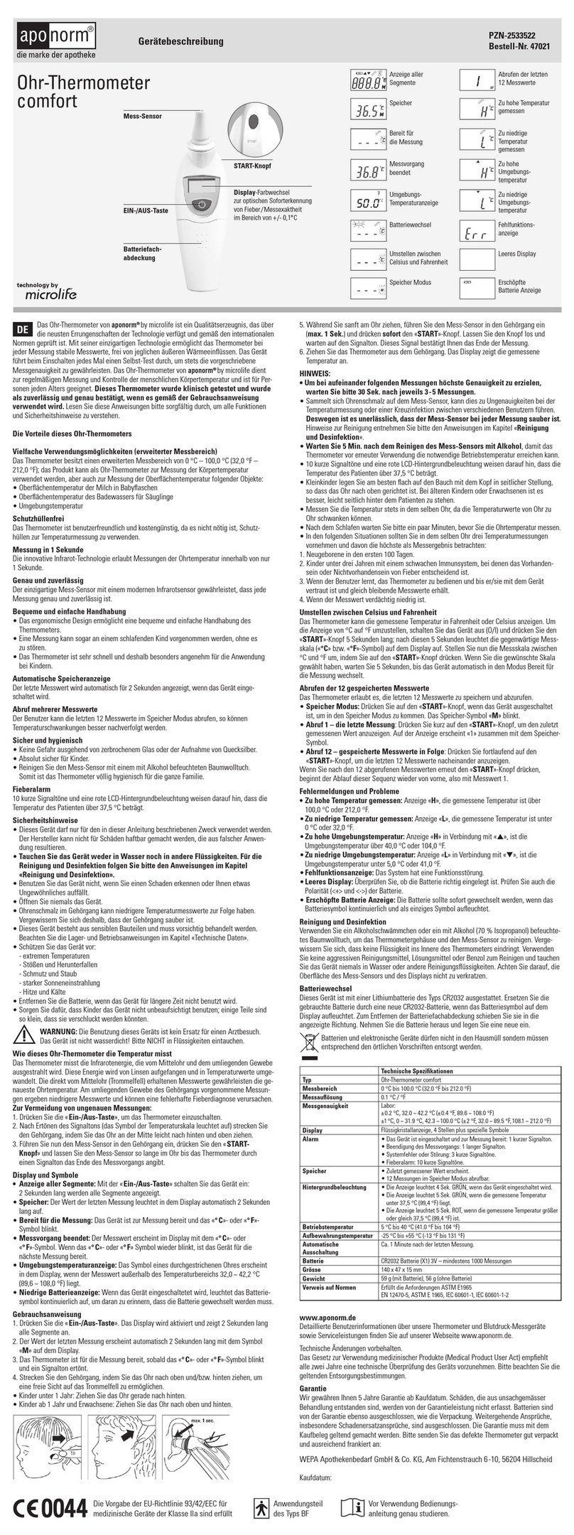 Microlife Aponorm PZN-2533522 manual