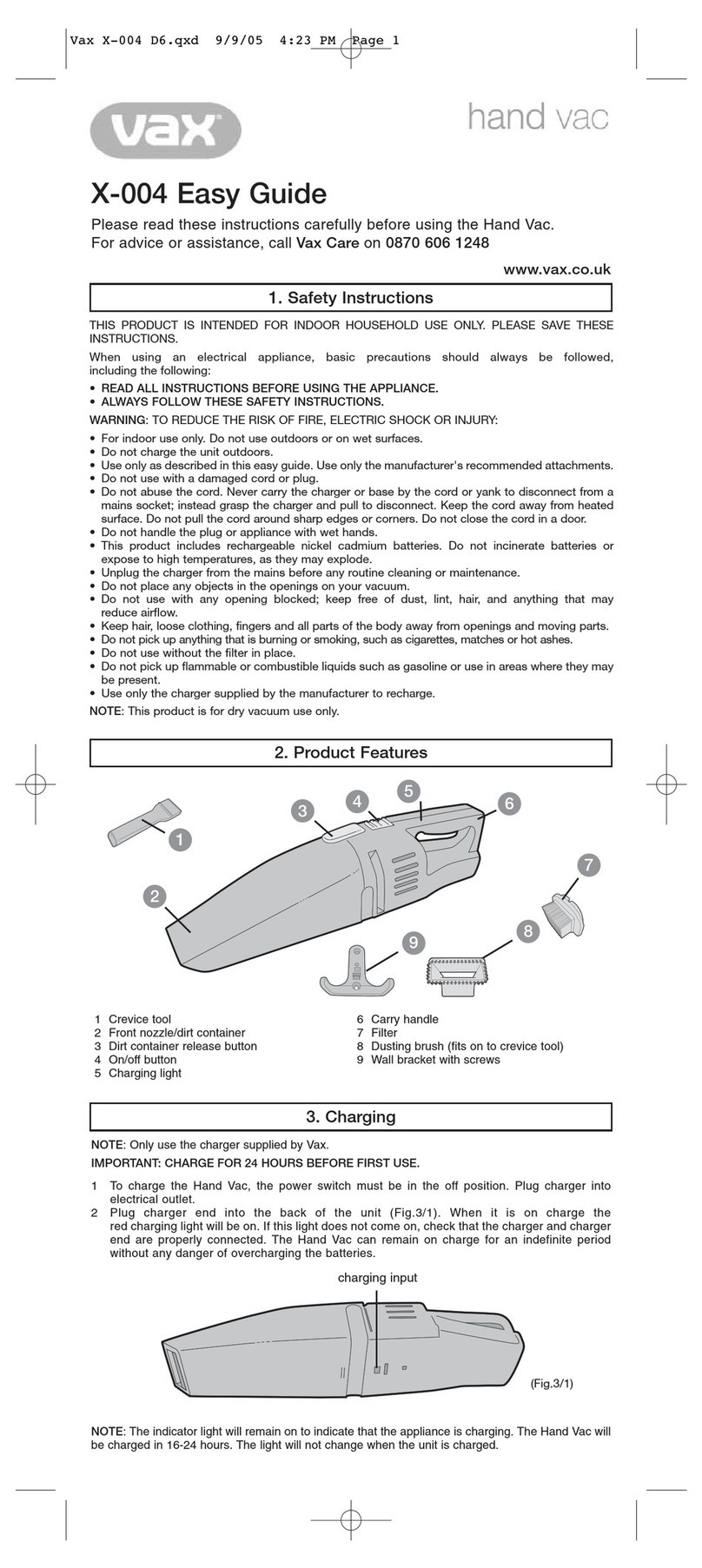 Vax X-004 Product information sheet
