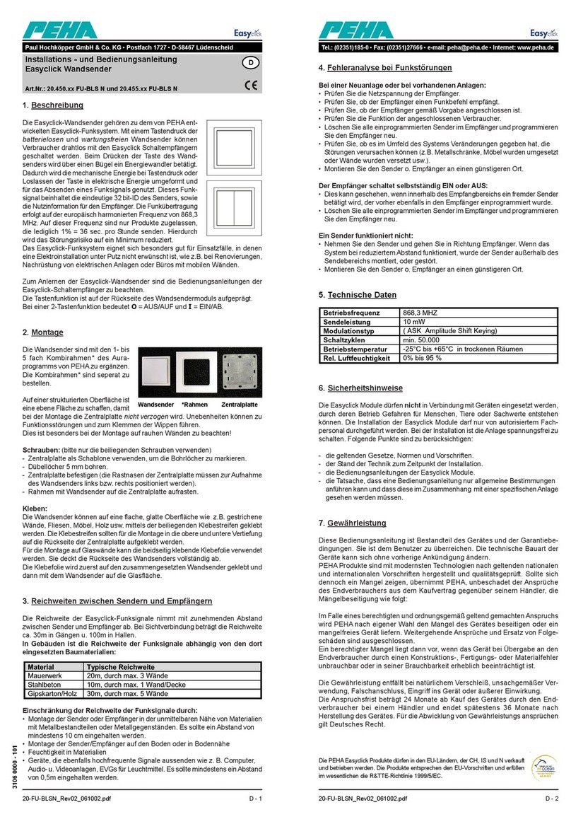 PEHA FU-BLS N 20.450 Series Installation and operating instructions