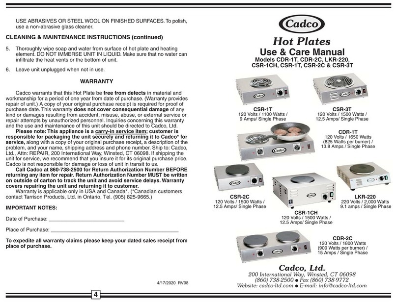 Cadco CSR-1T Use & care manual