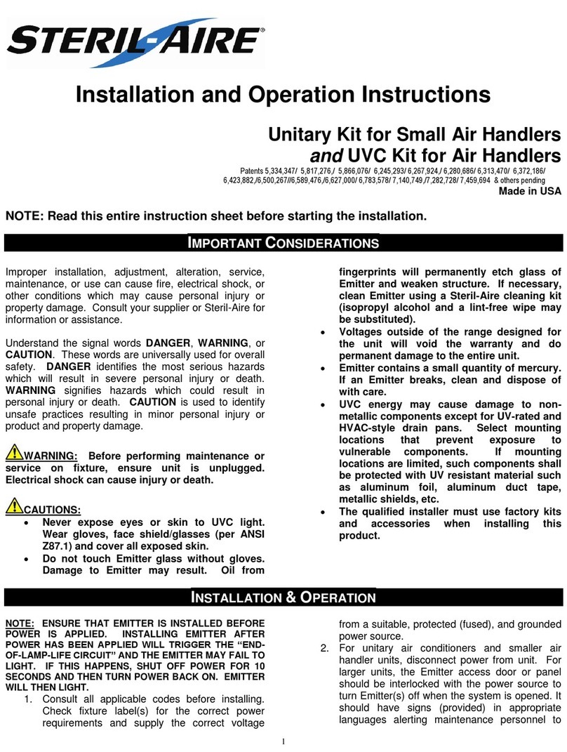Steril-Aire Unitary Kit for Small Air Handlers Installation and operation instructions