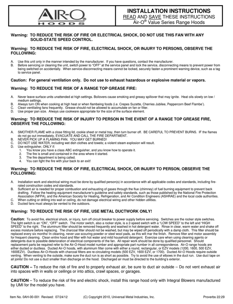 Air-O Hoods Value Series installation instructions
