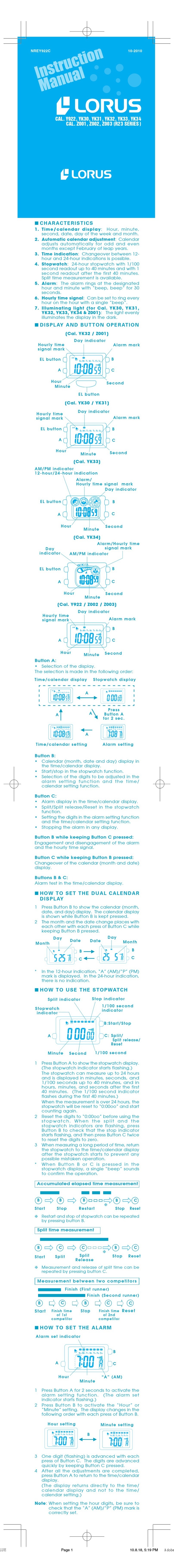 Seiko Lorus R23 Series User manual