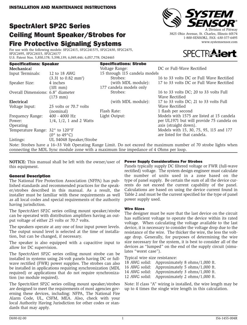 Pittway System Sensor SpectrAlert SP2C Series Installation and maintenance instructions Pittway System Sensor SpectrAlert SP2C Series Installation and maintenance instructions