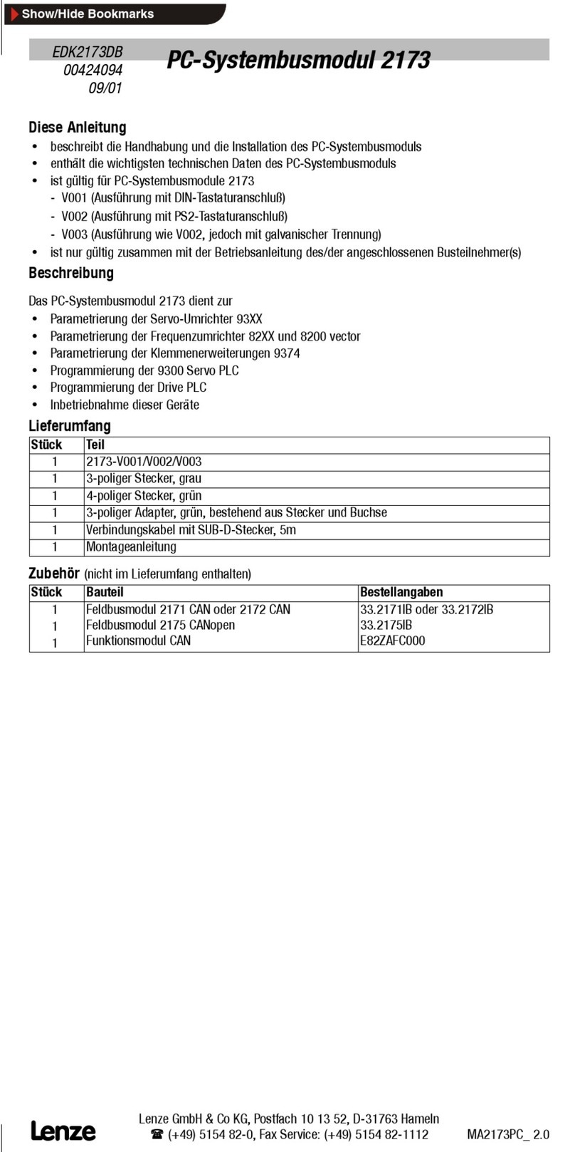 Lenze 2173 manual