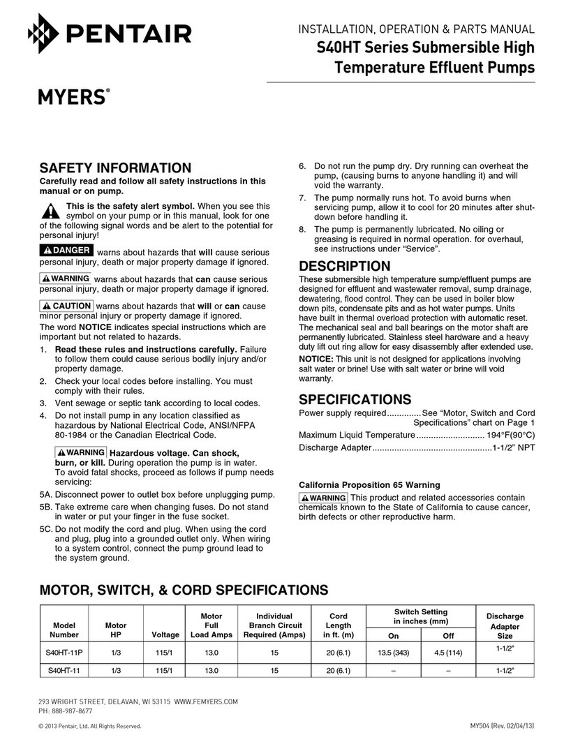 Pentair MYERS S40HT Series Installation, Operation & Parts Manual Pentair MYERS S40HT Series Installation, Operation & Parts Manual