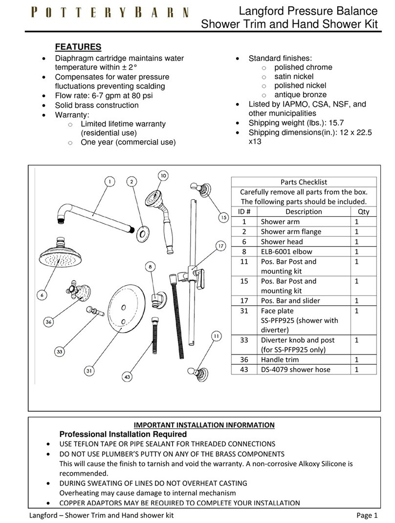 PotteryBarn Langford Pressure Balance Shower Trim and Hand Shower... quick start guide