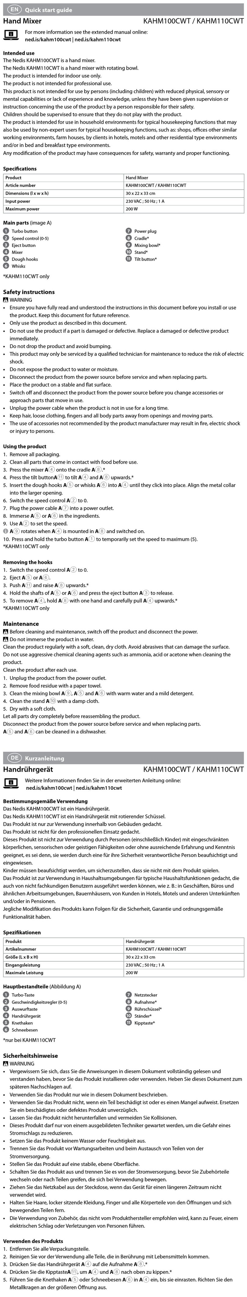nedis KAHM100CWT quick start guide