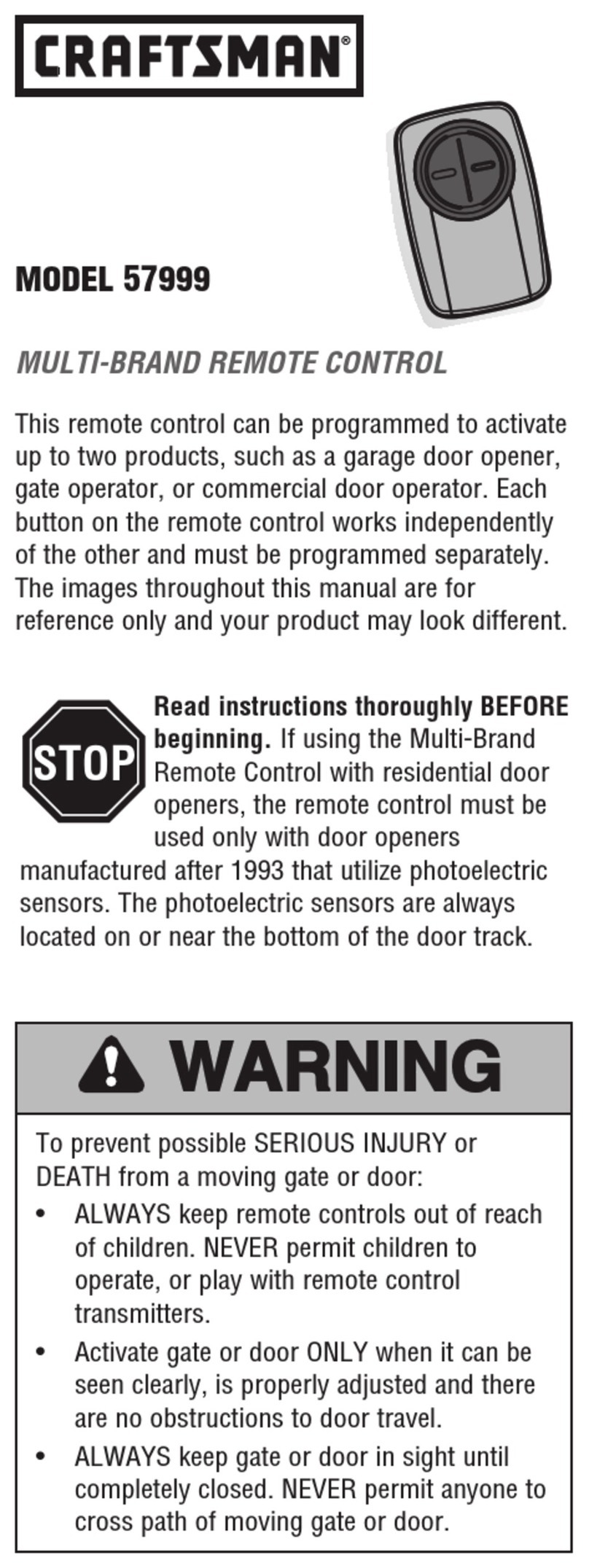 Craftsman 57999 quick start guide