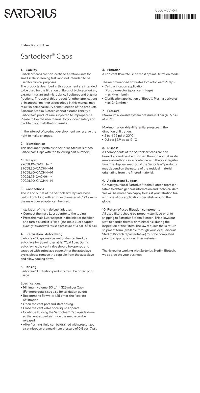 Sartorius Sartoclear Caps Instructions for use