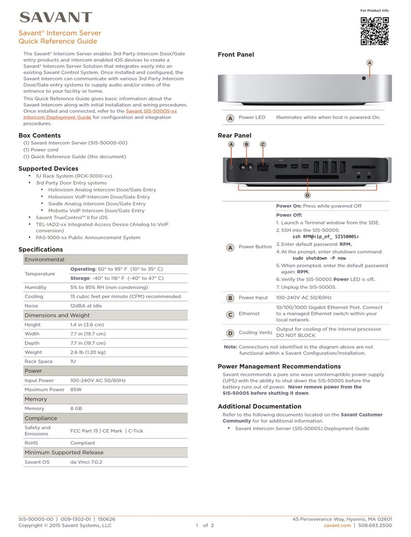 Savant SIS-5000S-00 Quick reference guide