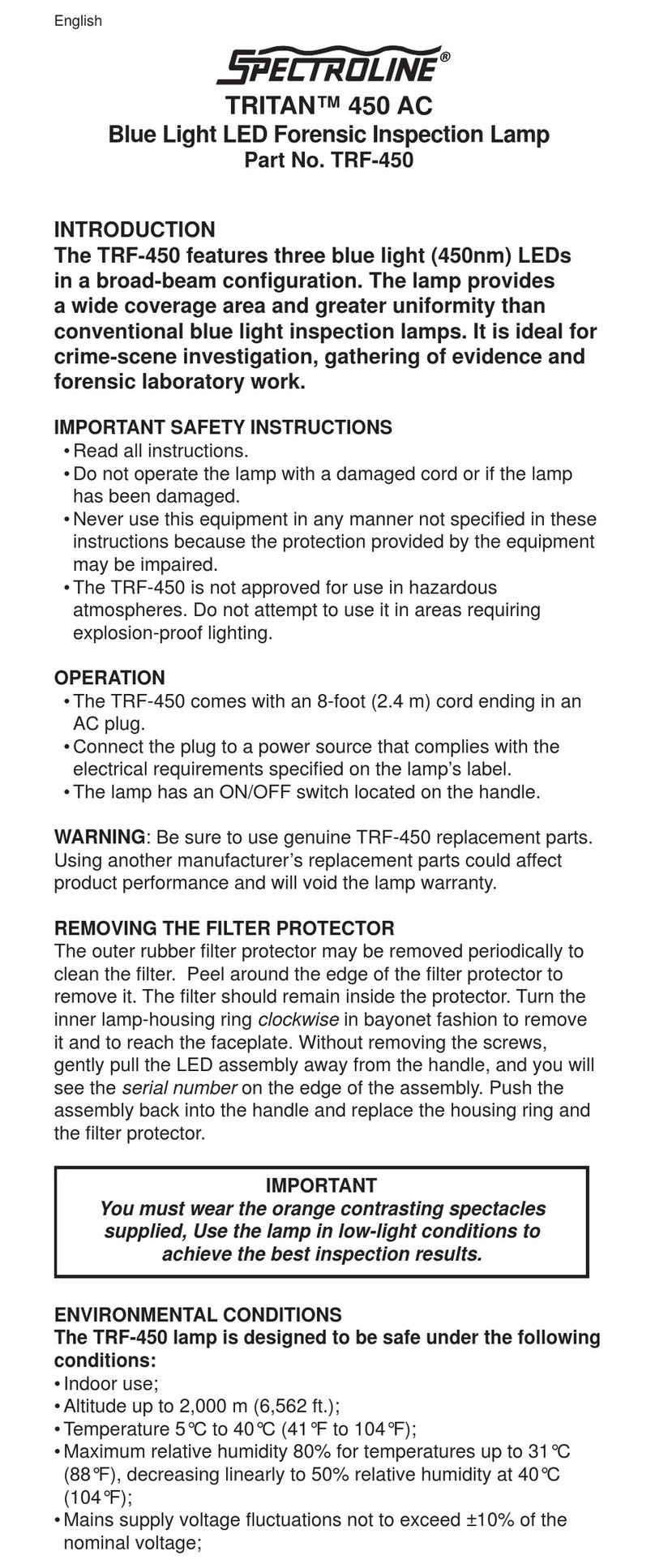Spectronics Spectroline TRITAN 450 AC User manual