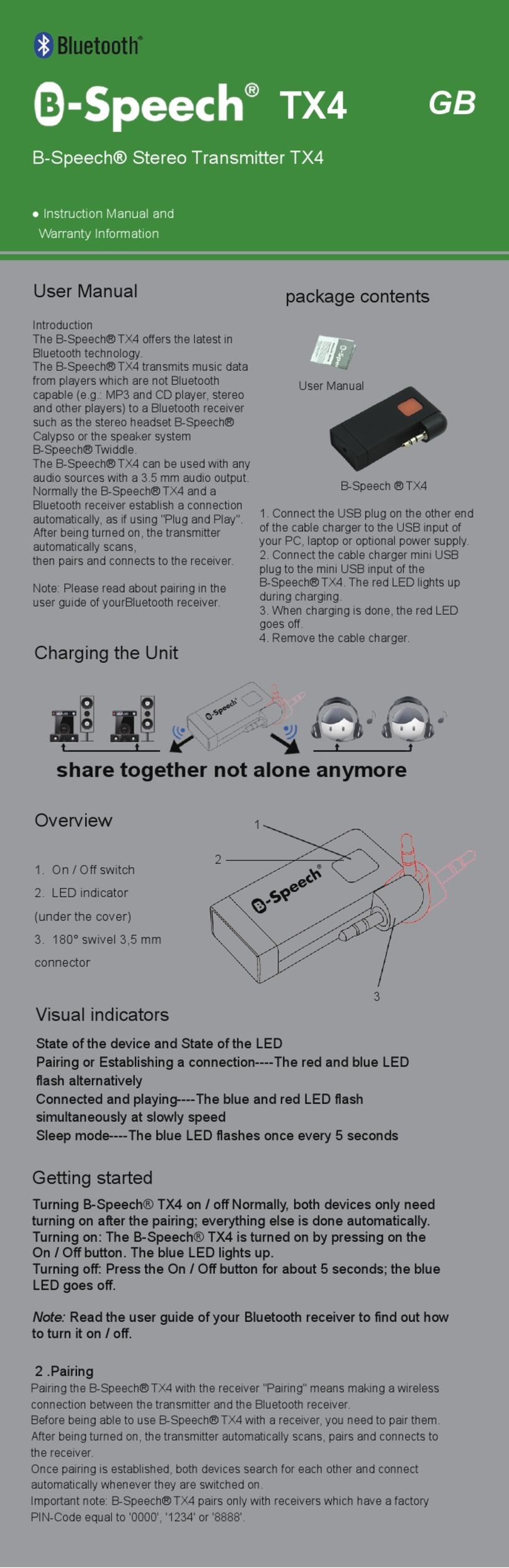 B-Speech TX4 Instruction manual and  warranty information