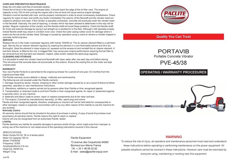 PACLITE Equipment PORTAVIB PVE­45/38 OPERATING / WARRANTY PROCEDURES