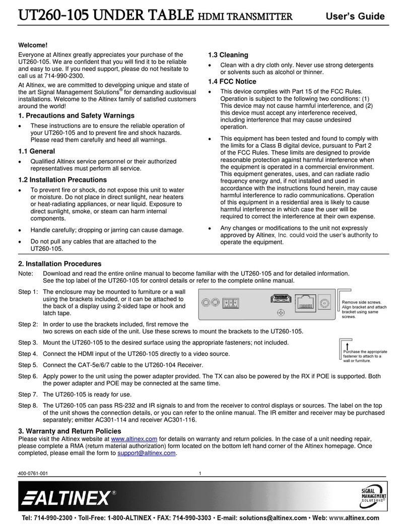 Altinex SIGNAL MANAGEMENT SOLUTIONS UT260-105 User manual