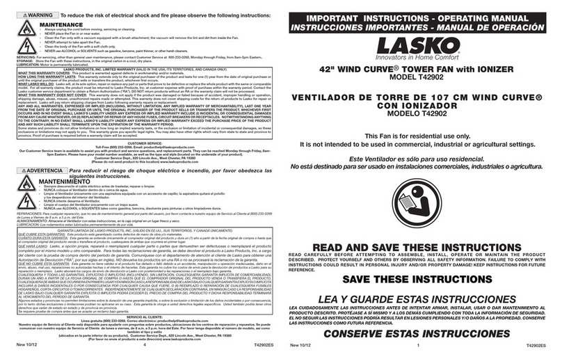 Lasko WIND CURVE T42902 User manual