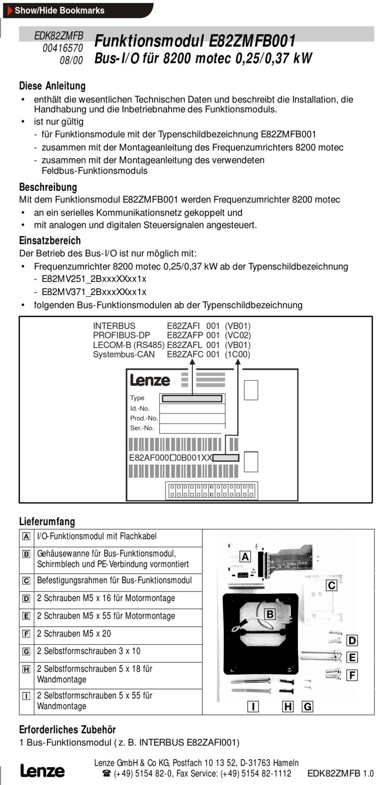 Lenze E82ZMFB001 User manual Lenze E82ZMFB001 User manual