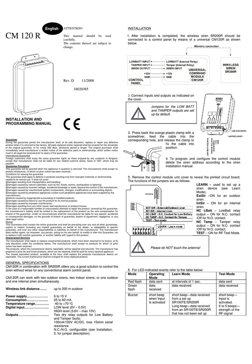 Teletek electronics CM 120 R Installation and programming manual