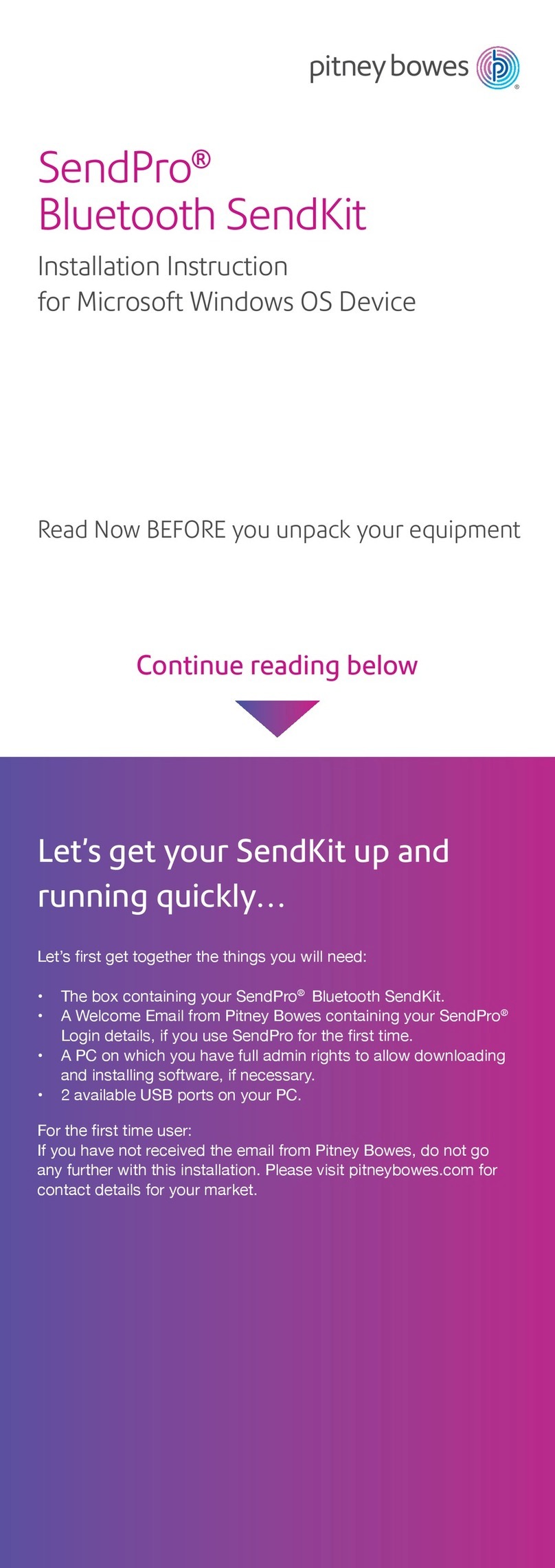 Pitney Bowes SendPro Bluetooth SendKit Installation instruction