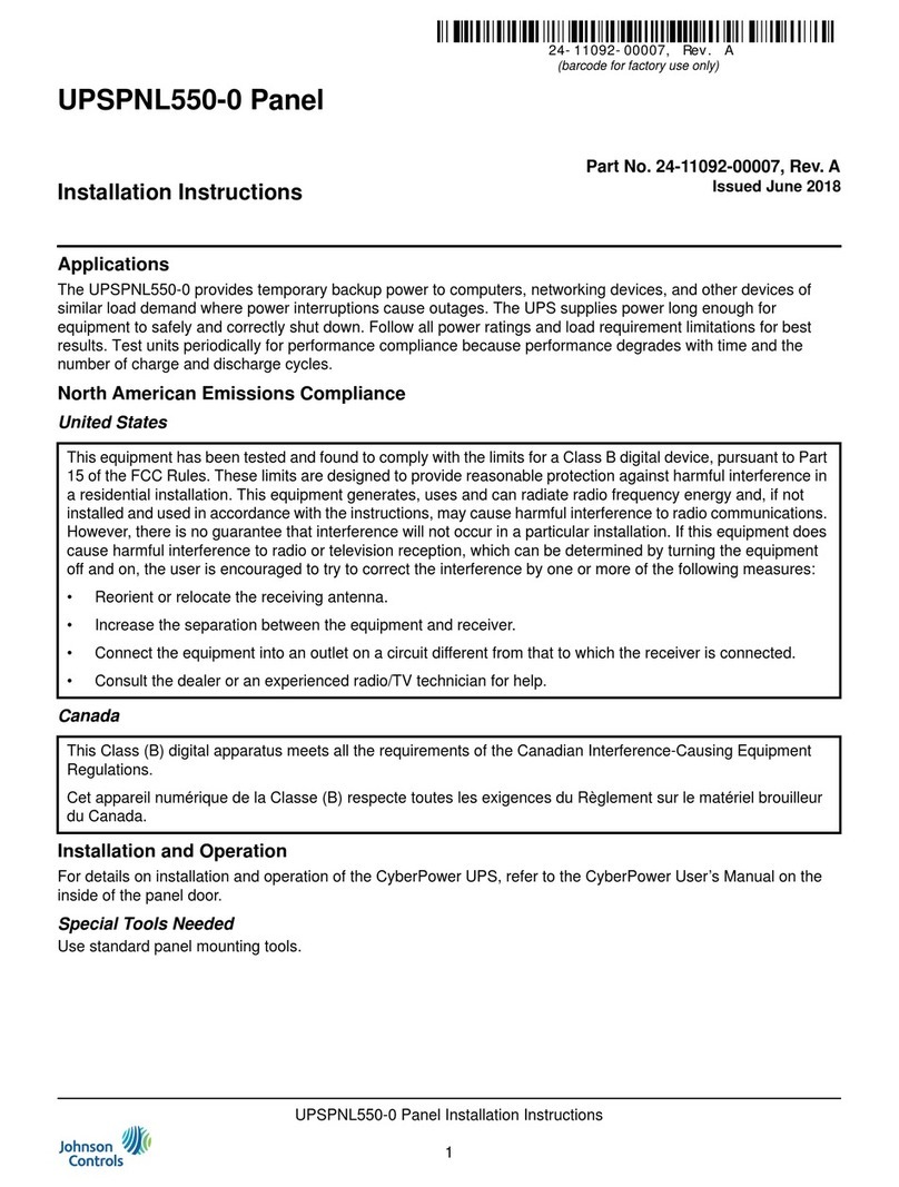 Johnson Controls UPSPNL550-0 installation instructions Johnson Controls UPSPNL550-0 installation instructions
